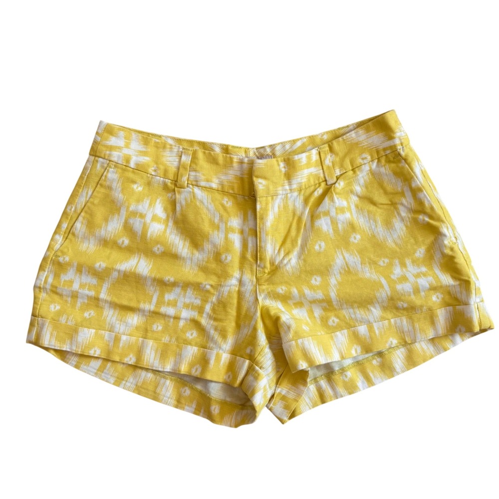Banana Republic Ryan Fit Yellow White Ikat Linen Cotton Shorts Womens 2